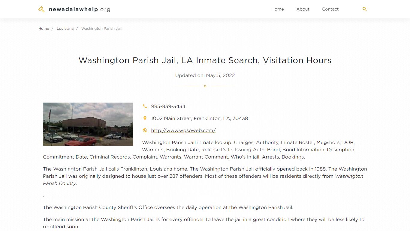 Washington Parish Jail, LA Inmate Search, Visitation Hours